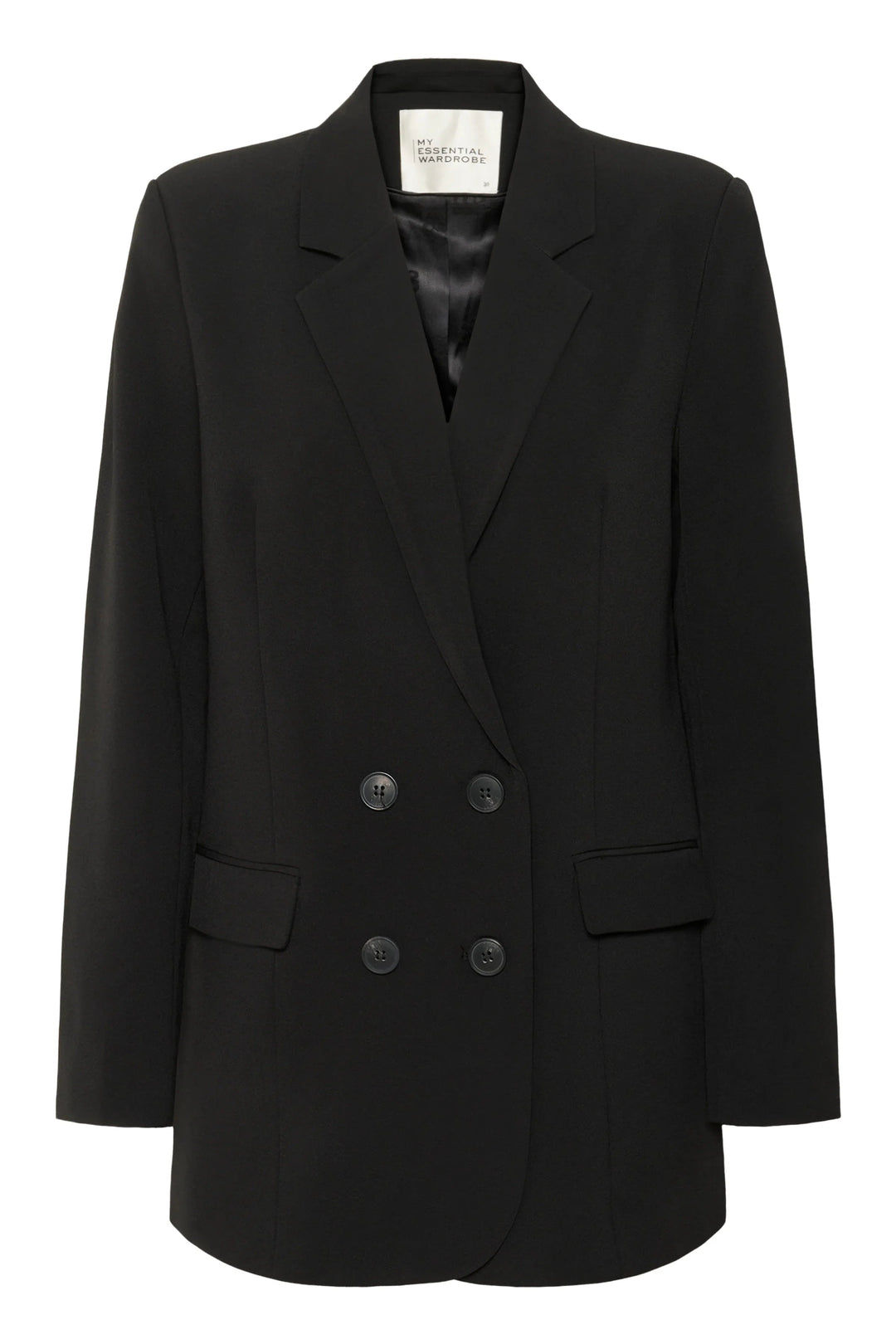Skræddersyet sort blazer med to rækker knapper og indvendigt mærke fra My Essential Wardrobe.