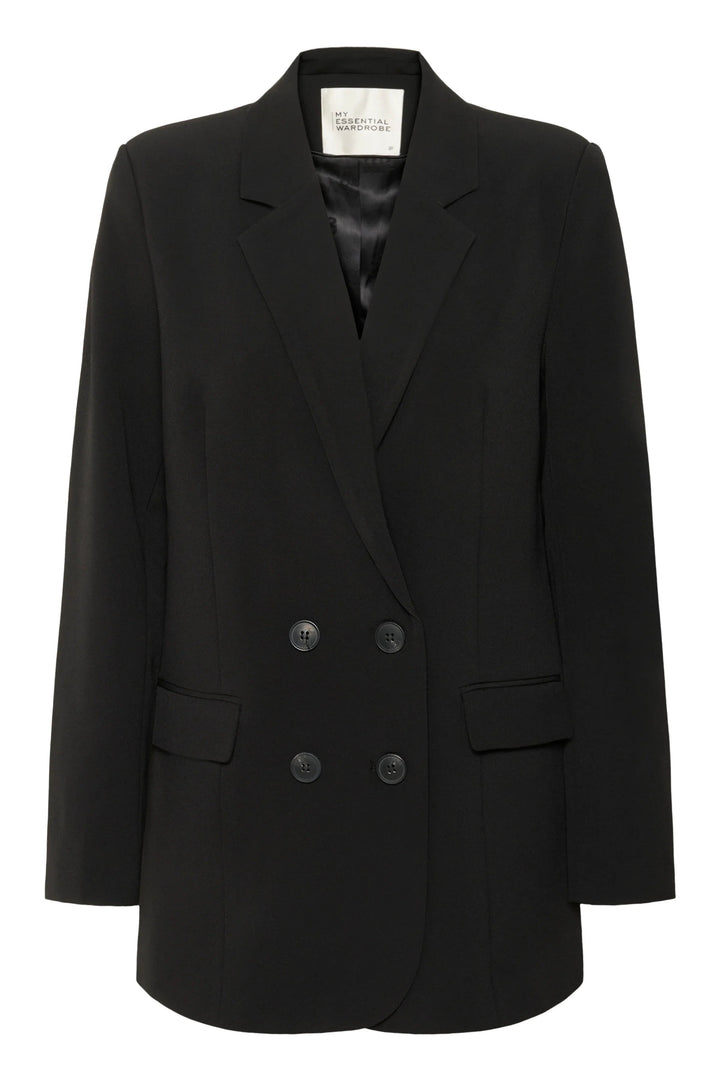 Skræddersyet sort blazer med to rækker knapper og indvendigt mærke fra My Essential Wardrobe.