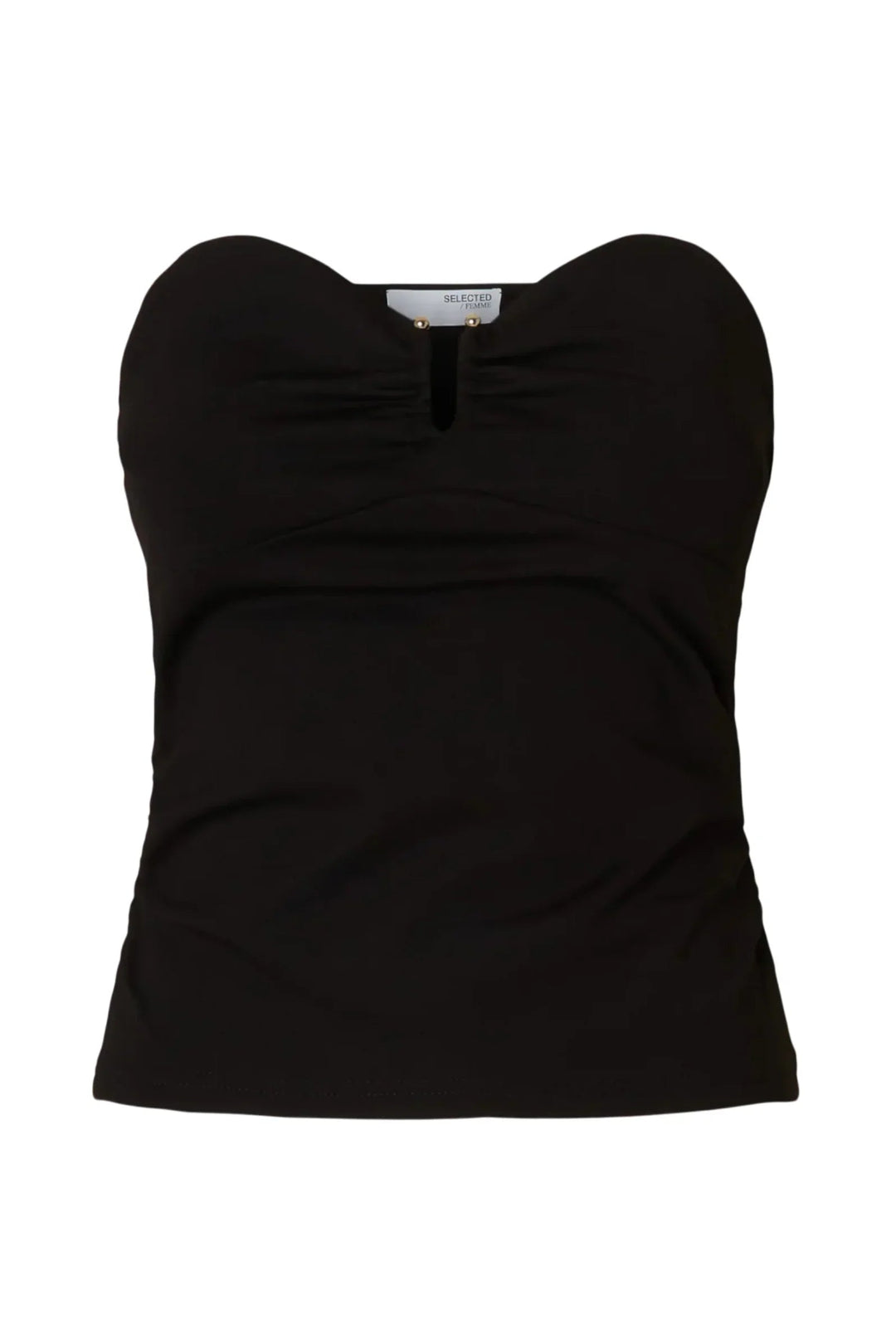 Sort bandeau top fra Selected Femme med U-ring i midten og aftagelige stropper.