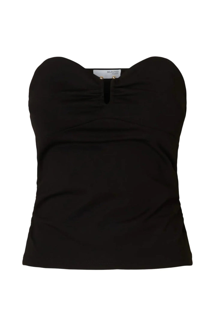 Sort bandeau top fra Selected Femme med U-ring i midten og aftagelige stropper.
