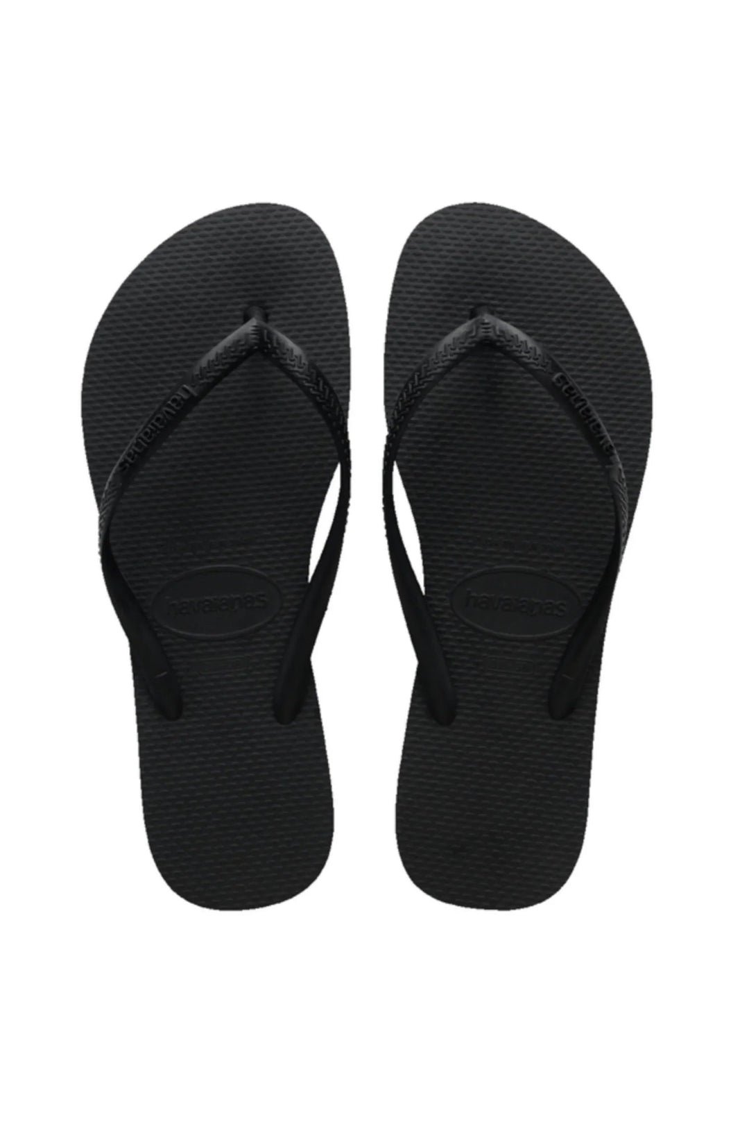 Sorte Havaianas klipklapper med tynde remme og tekstureret sål, set oppefra.