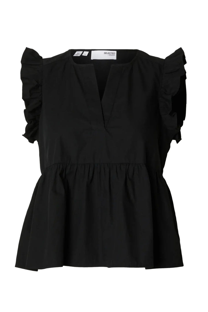 Sort top med V-udskæring, korte flæseærmer og løs pasform.