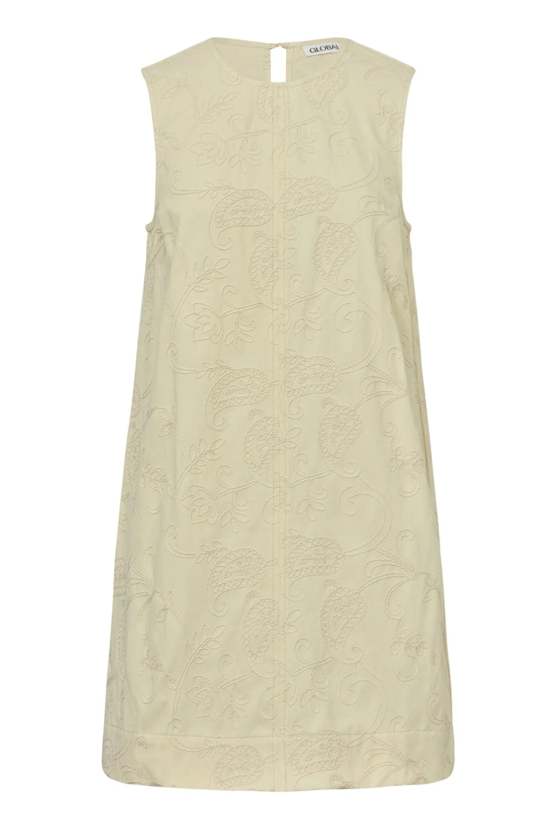 Ærmeløs ecru kjole med rund hals og broderet mønster, A-formet silhuet fra Global Funk.