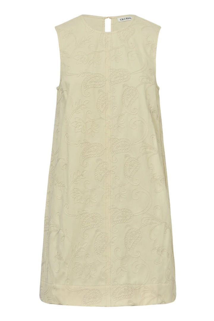 Ærmeløs ecru kjole med rund hals og broderet mønster, A-formet silhuet fra Global Funk.