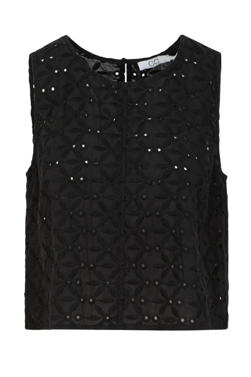 Sort ærmeløs top med broderi anglaise i blomstermønster, rund halsudskæring og knap i nakken.