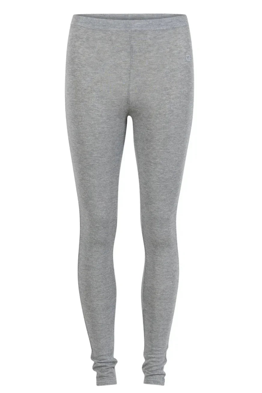Grå leggings med elastisk linning og tætsiddende pasform. Ingen mønstre eller udsmykninger.
