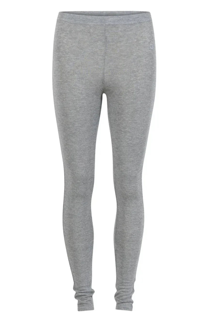 Grå leggings med elastisk linning og tætsiddende pasform. Ingen mønstre eller udsmykninger.