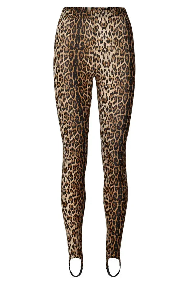 Leopardmønstrede leggings med elastisk linning og stropper ved anklerne til fastgørelse under foden.