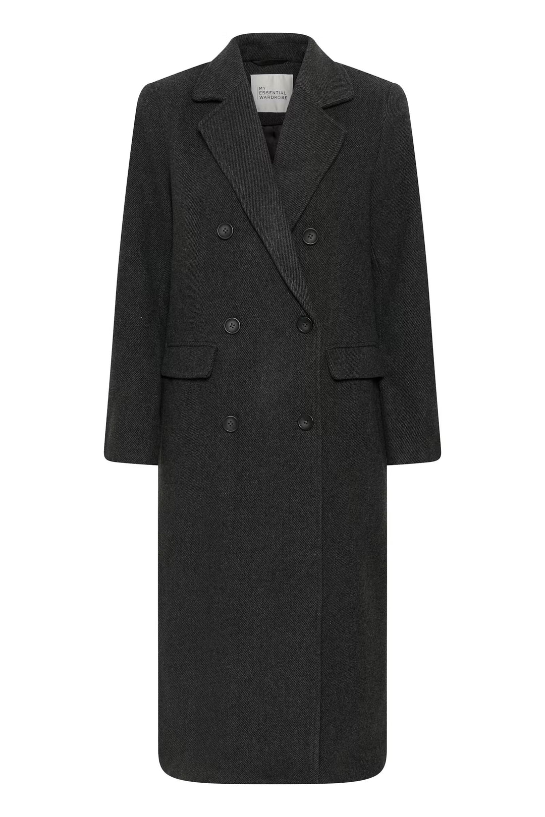 Frannie-frakken fra My Essential Wardrobe er en klassisk, lang frakke i den elegante farve Dark Grey Melange packshot