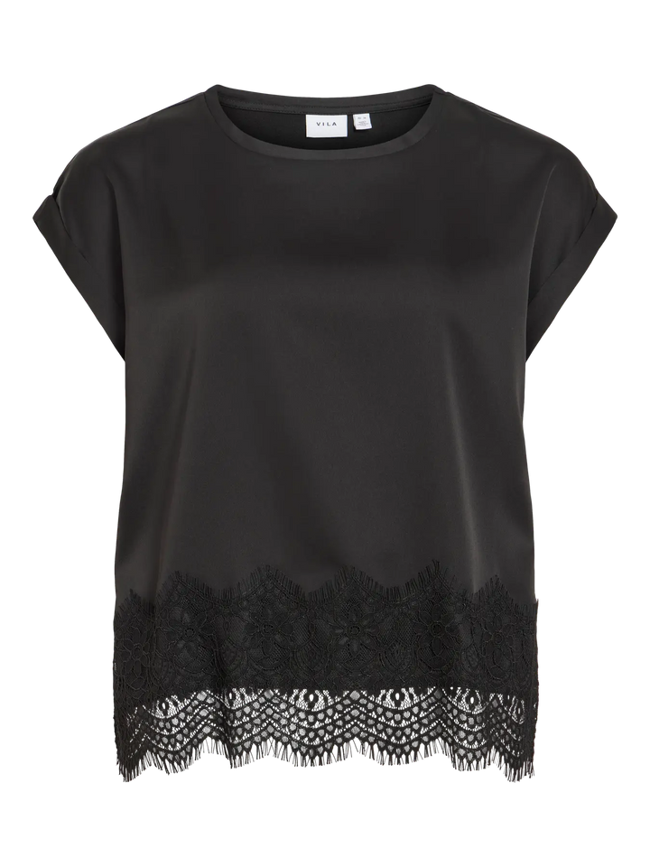 Vila - Satin Top med blonde - Sort - Viellette