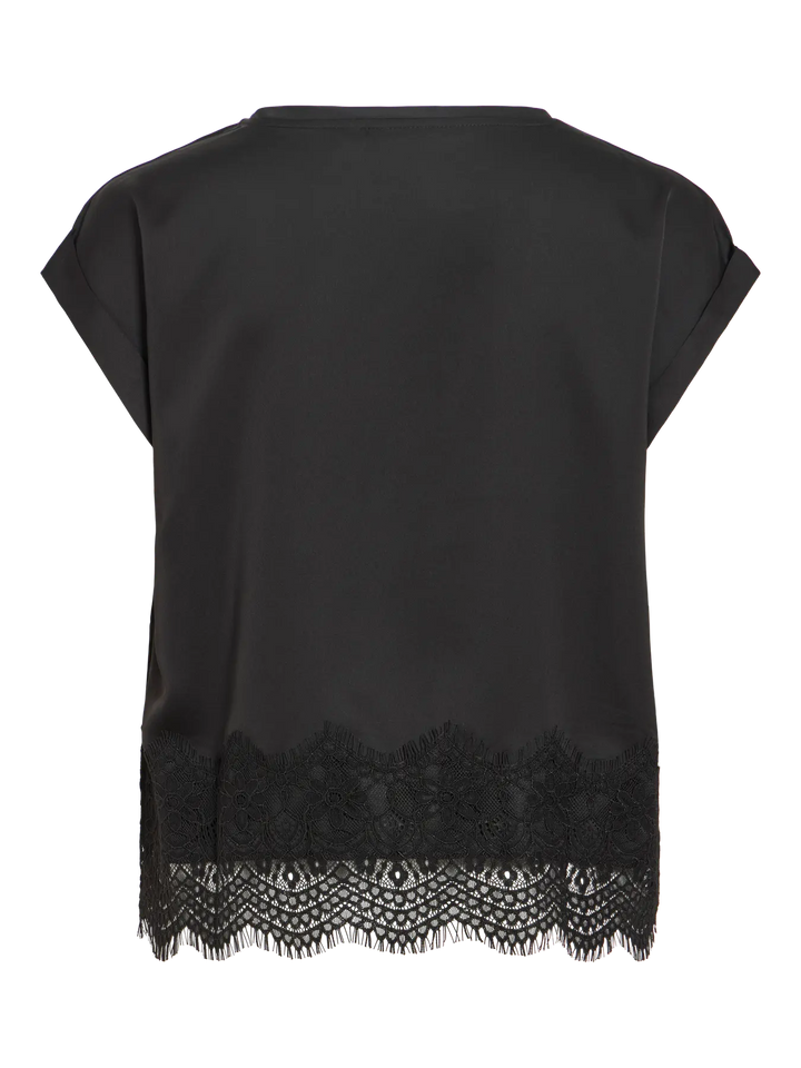 Vila - Satin Top med blonde - Sort - Viellette