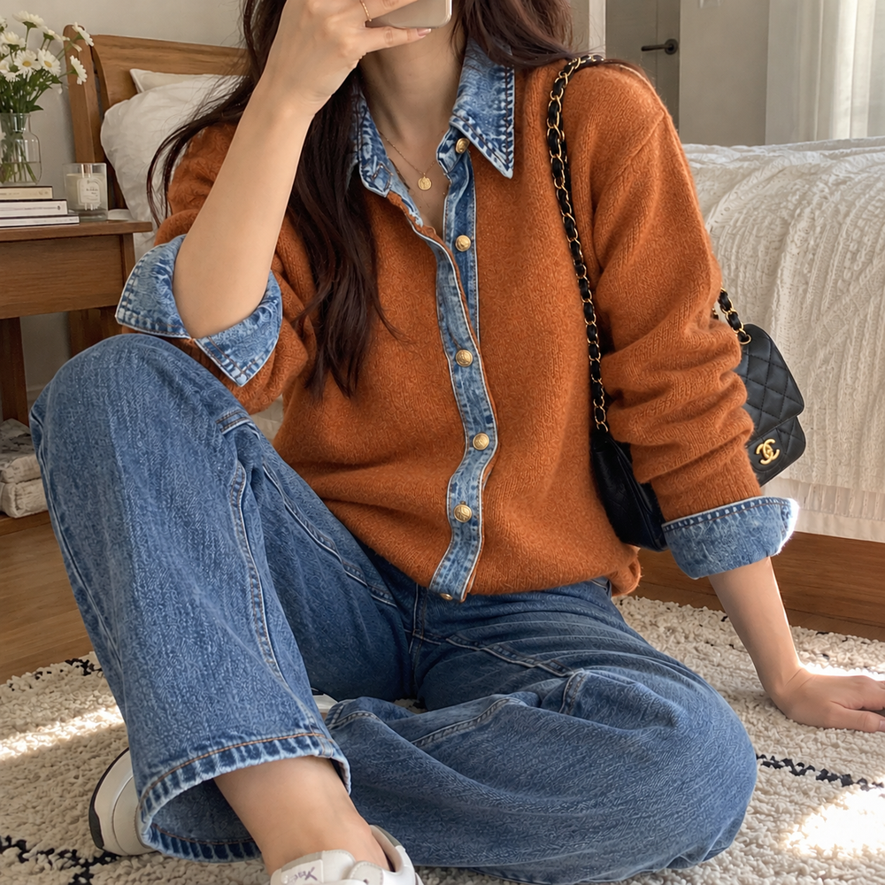 Tanja cardigan fra Sassy Copenhagen i rustorange strik med blå denimdetaljer og knapper foran. Modellen styles med jeans og sort Chanel-taske. 