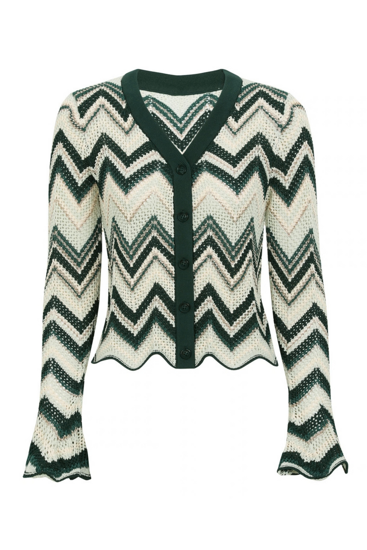 Majken Cardigan fra Sassy Copenhagen er en feminin strikcardigan med et dekorativt zigzagmønster i grønne, cremefarvede og beige nuancer packshot