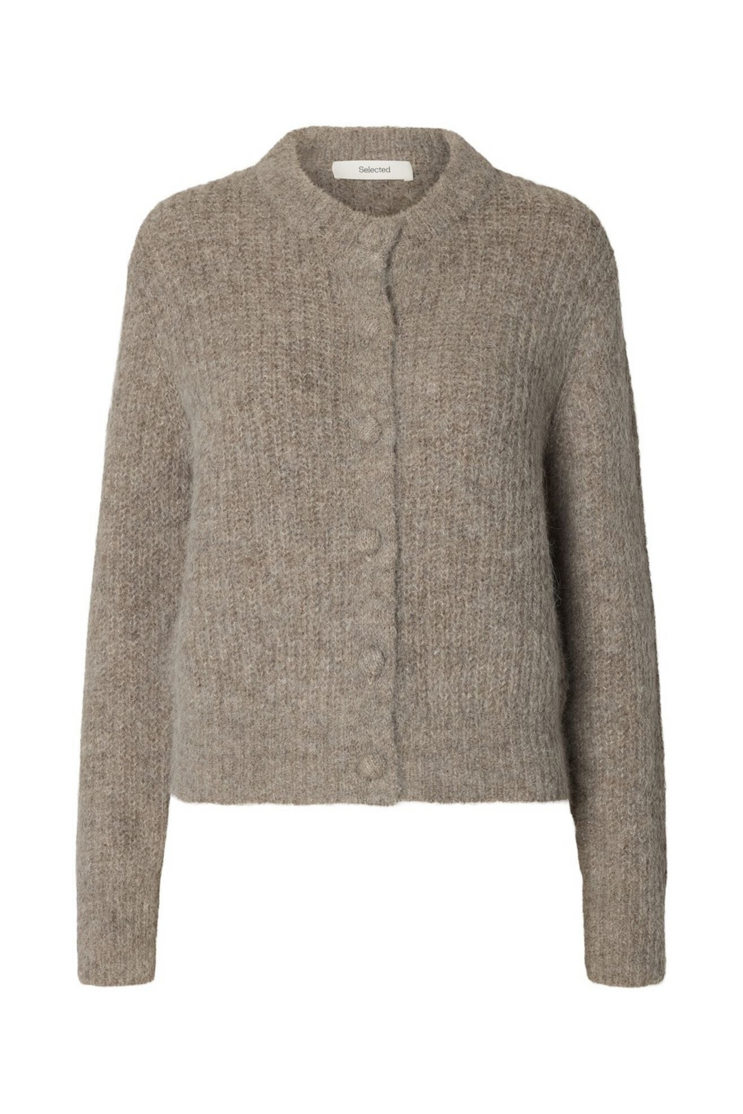 Strikcardigan i stålgrå med rund hals, lange ærmer og knaplukning fra Selected Femme packshot
