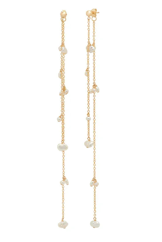 Lange guldkæde-øreringe med små hængende perler, 18 karat guldbelagt rustfrit stål.