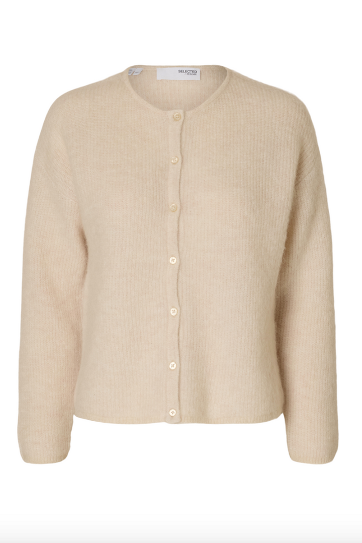 Enkel cardigan med rund hals, knaplukning og lange ærmer i lys beige farve.