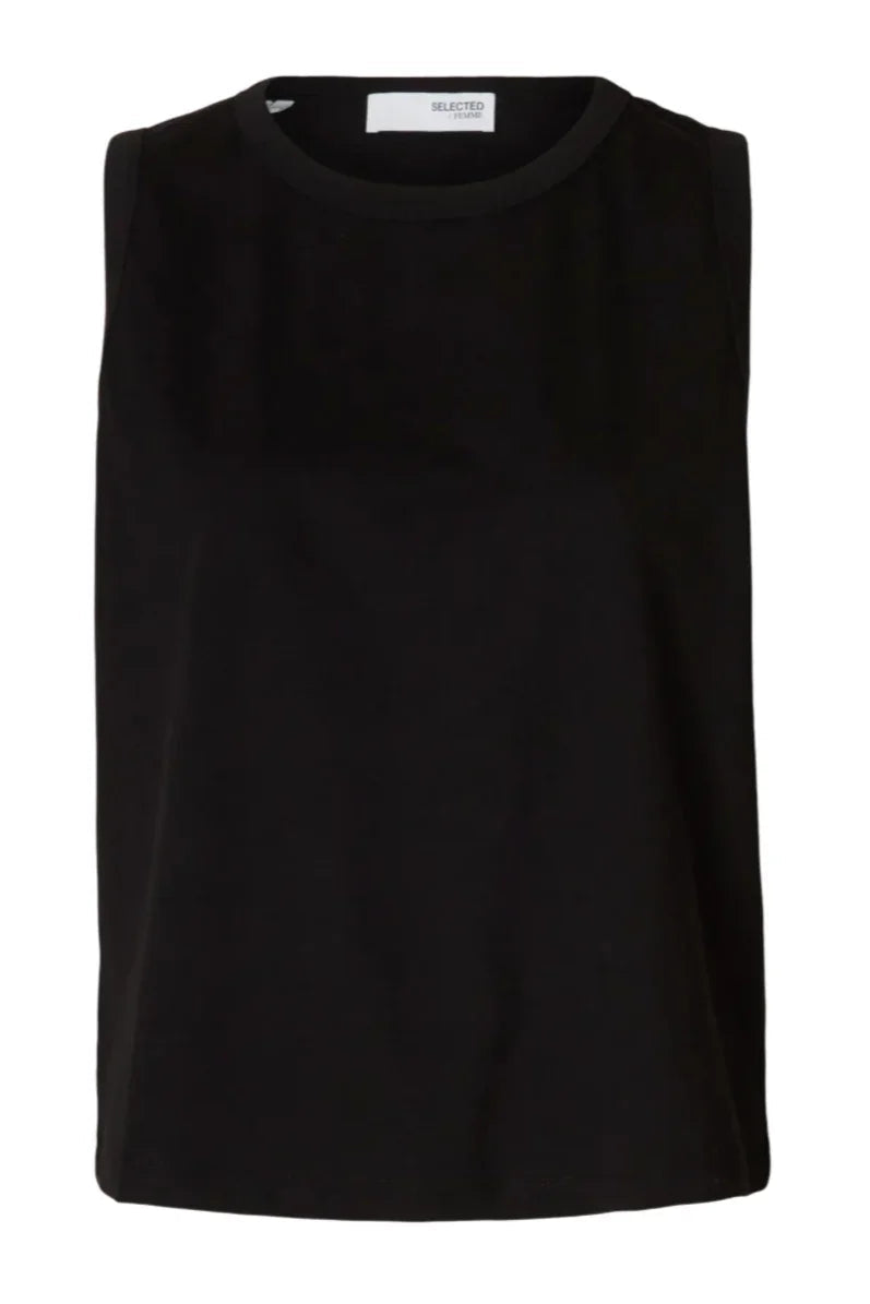 Sort tanktop fra Selected Femme med rund hals og ærmeløs, boxy pasform.