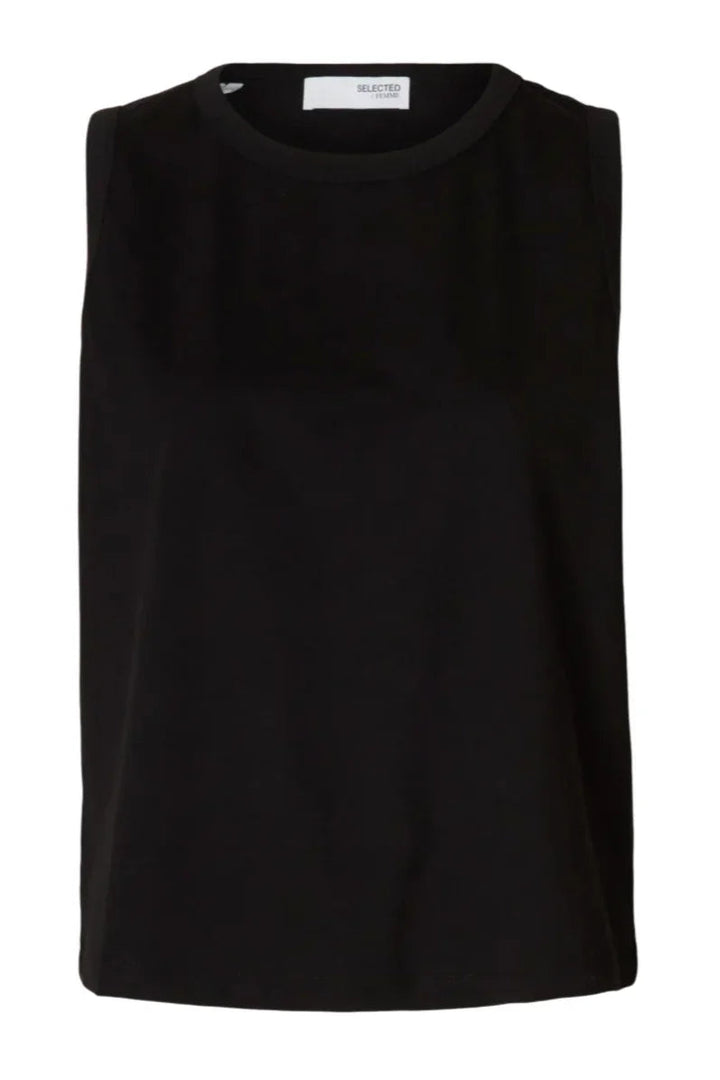 Sort tanktop fra Selected Femme med rund hals og ærmeløs, boxy pasform.