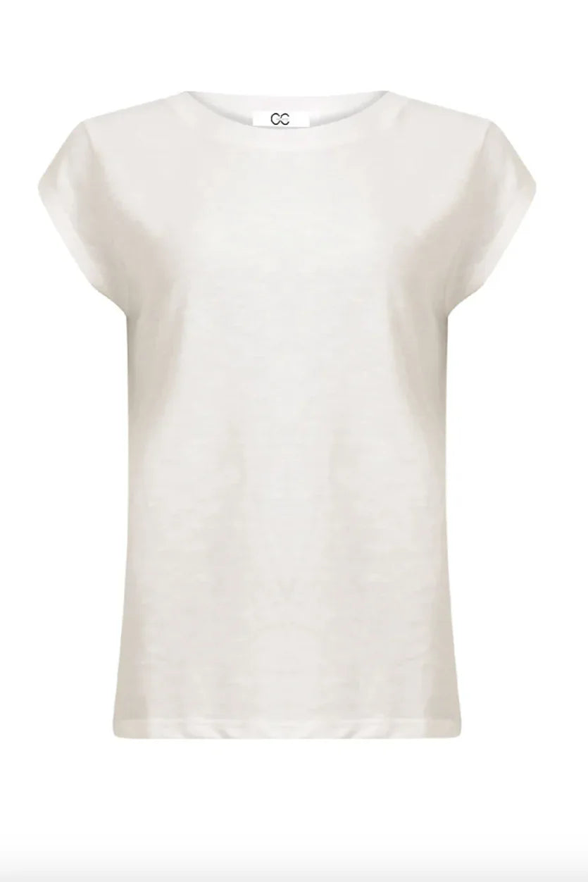 Hvid T-shirt med rund hals og korte ærmer. Enkel og klassisk stil, set forfra.