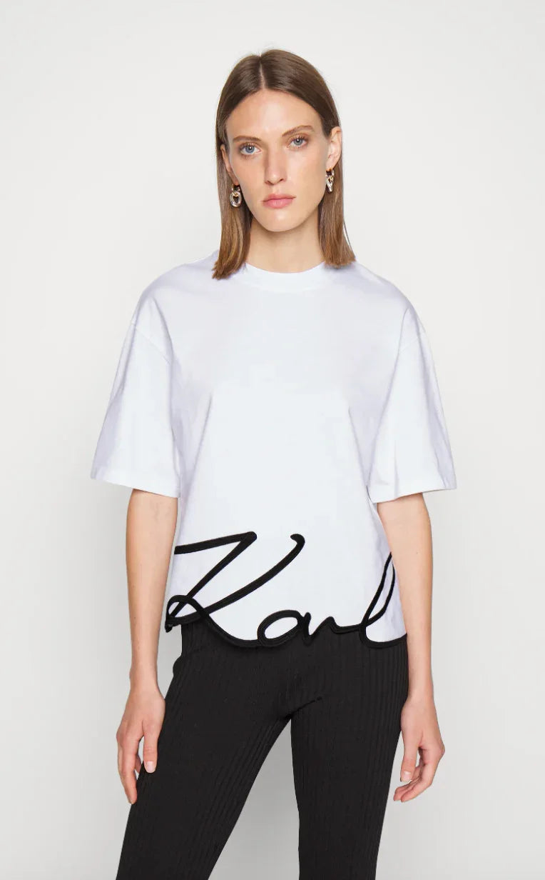 Karl Lagerfeld - T-shirt - Hvid round neck - Signature hem - Stilkompagniet.dk