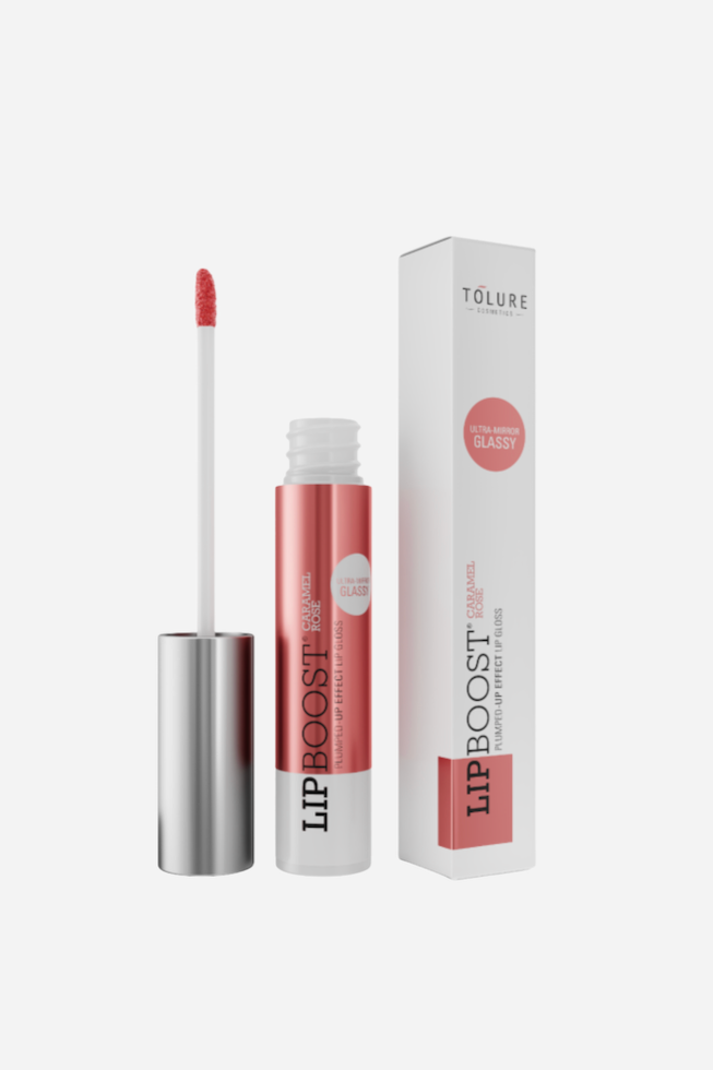 TOLURE Lip Boost i Caramel/Rose med applikator og emballage. Tekst: "ULTRA-MIRROR GLASSY".