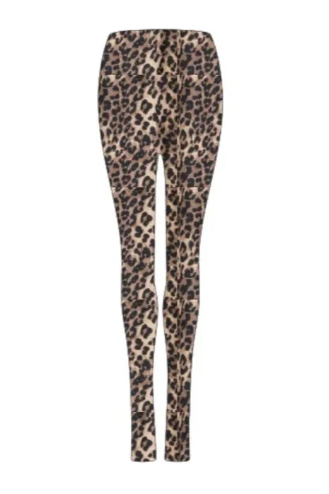Leggings med leopardmønster, tan baggrund og mørkebrune pletter, uden synlige logoer.