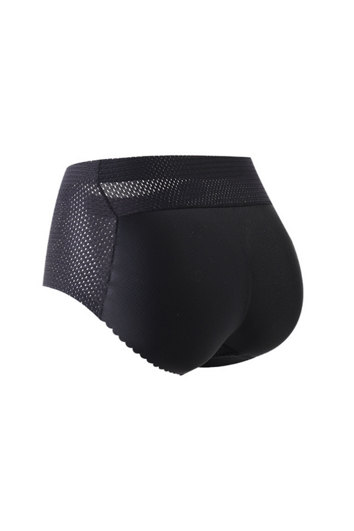 Sorte shapewear shorts med elastik, perforerede sider og kontureret design for fyldig bagdel.