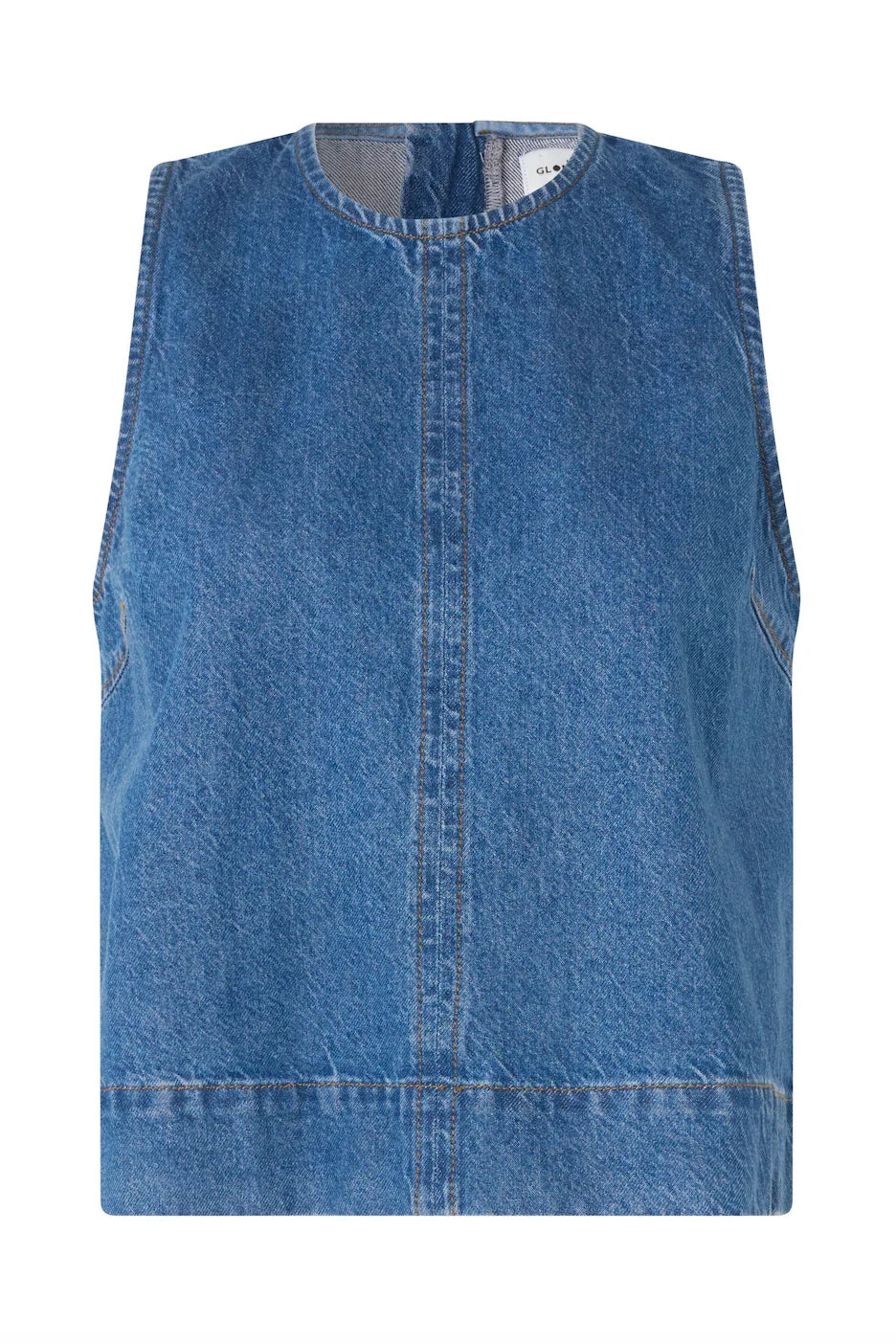 Ærmeløs, vintage blå denimtop med rund hals og synlig syning.