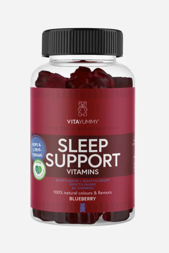 Flaske med VitaYummy Sleep Support blåbærgummier, 60 stk., vegansk, naturlige farver og smage.