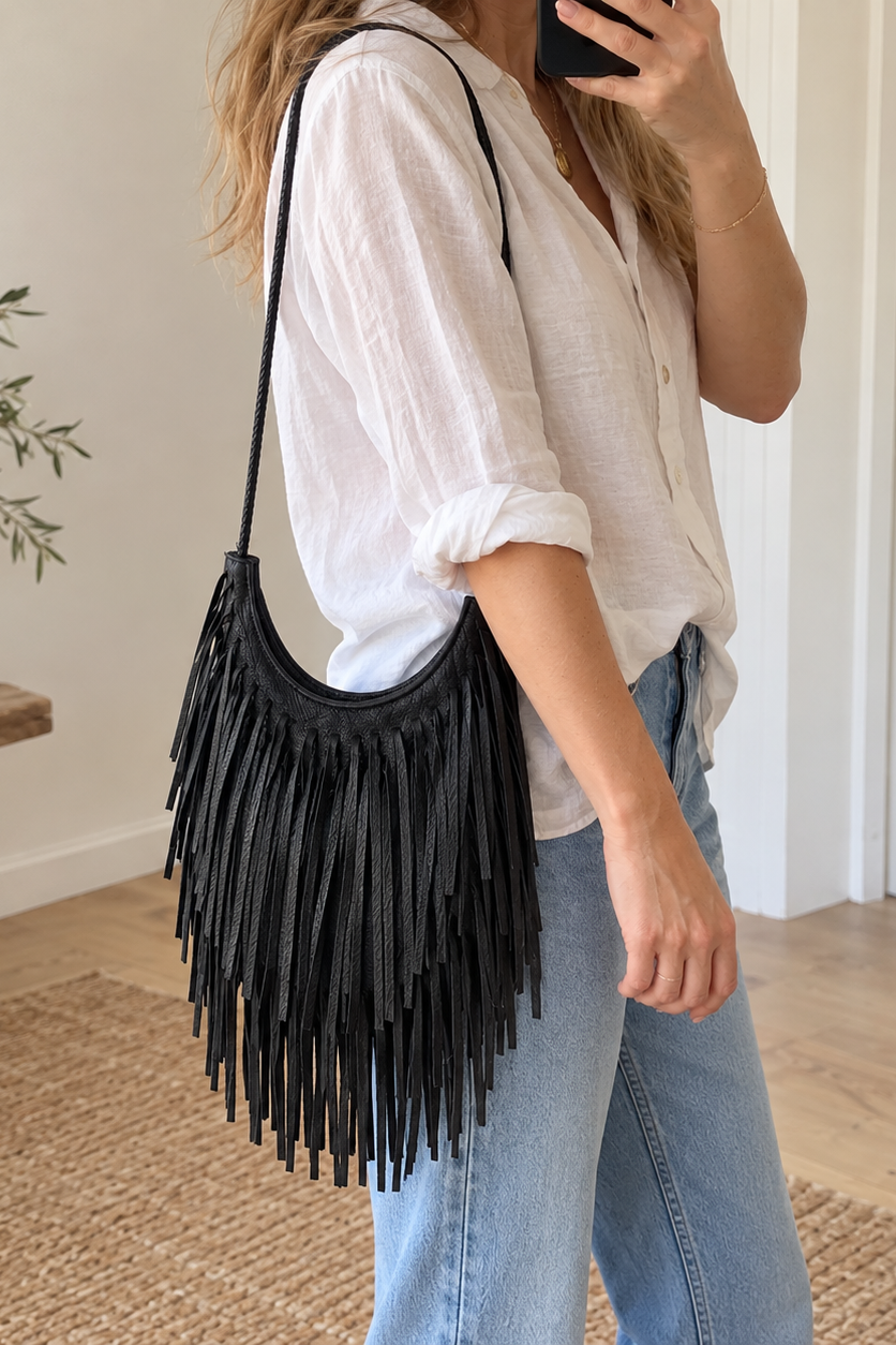Alara er en cool og trendy taske med lange frynser, der giver et afslappet og boheme-inspireret look på kvinde
