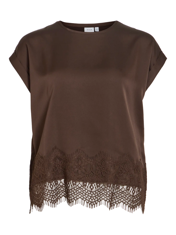 Vila - Satin Top med blonde - brun - Viellette