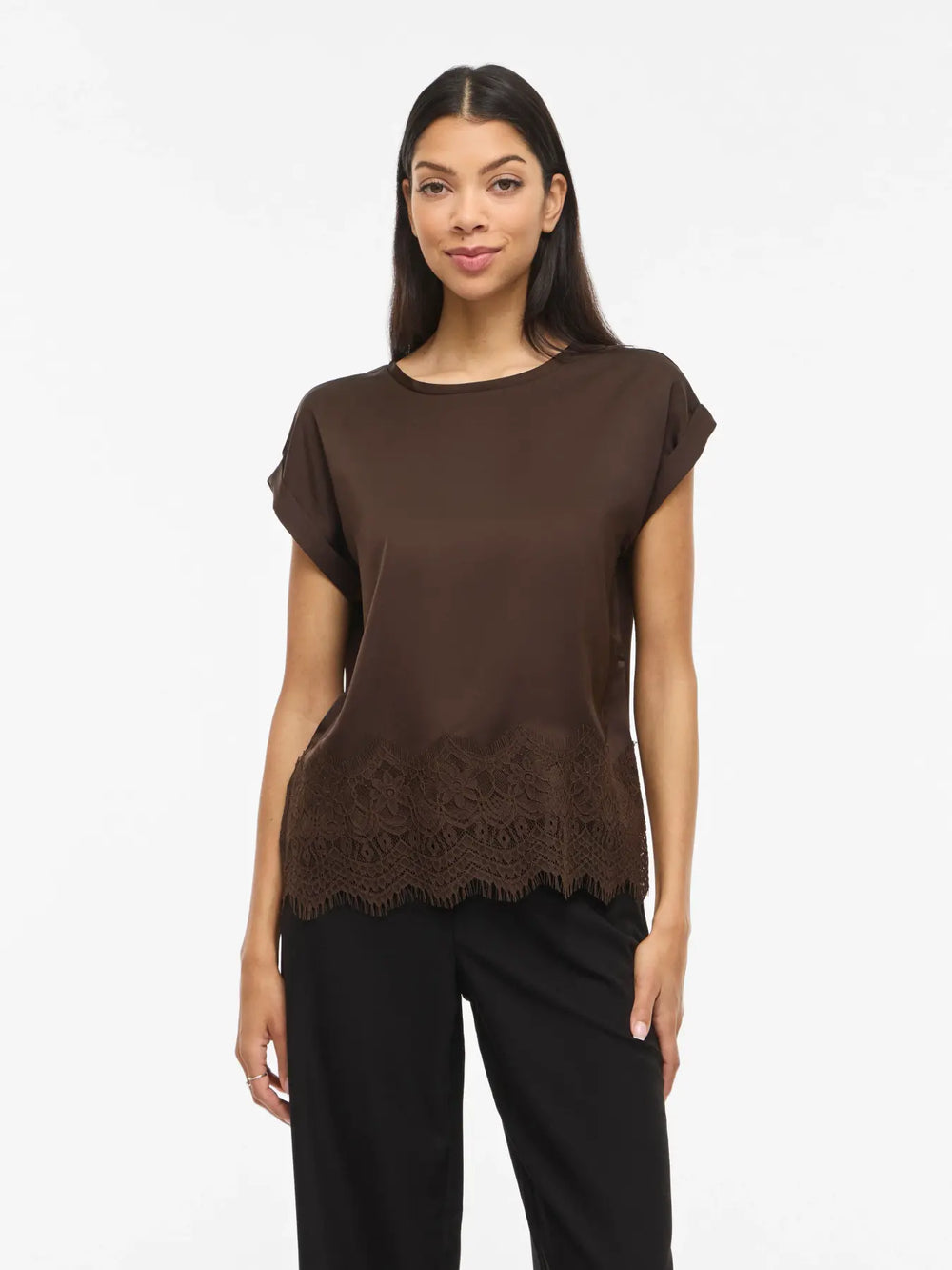 Vila - Satin Top med blonde - brun - Viellette