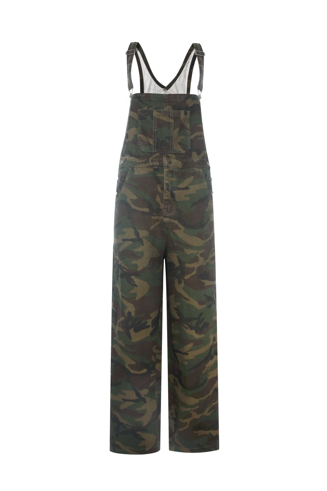 Sassy Heidi overalls i camouflageprint med brede, lige ben, justerbare seler og lommer. Fremstillet i 100% bomuld. Packshot
