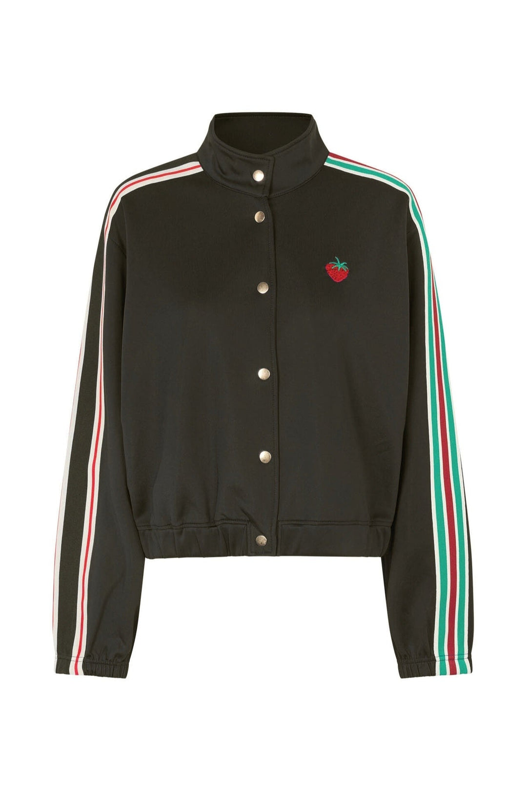 Lollys Laundry BrooklynnLL Short Jacket LS in black with embroidered strawberry detail and striped sleeves, front view.