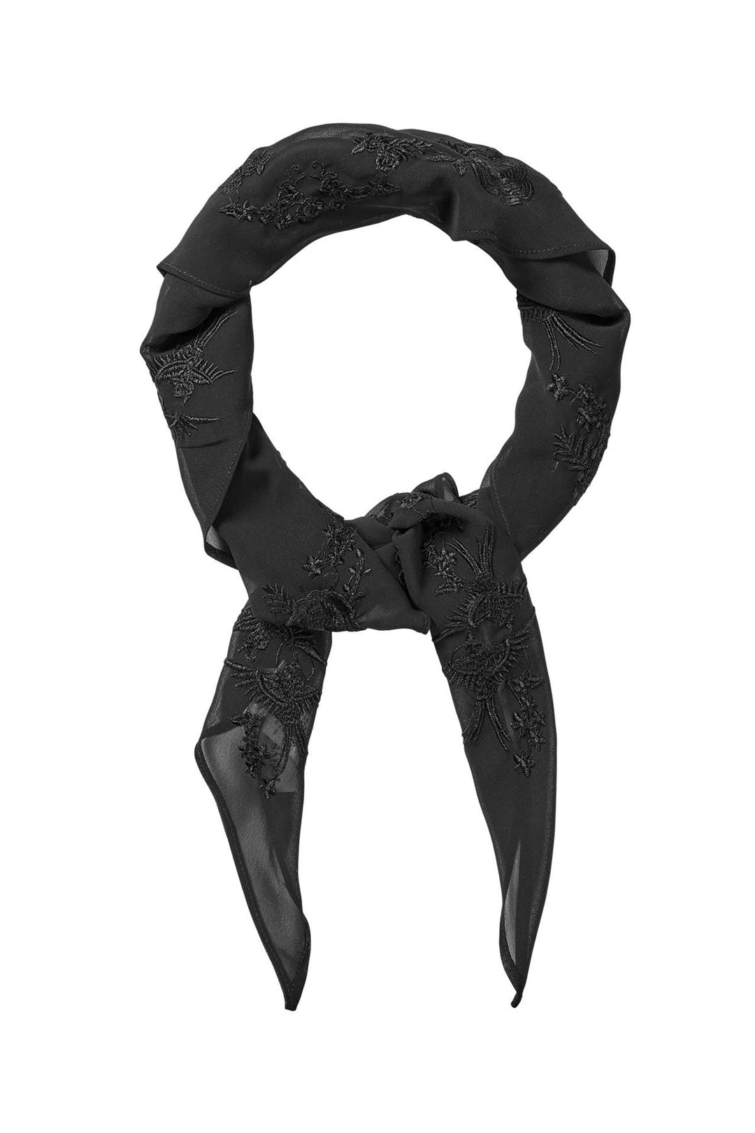 Lollys Laundry ElianaLL Triangle Scarf in black polyester with embroidered details, shown flat.