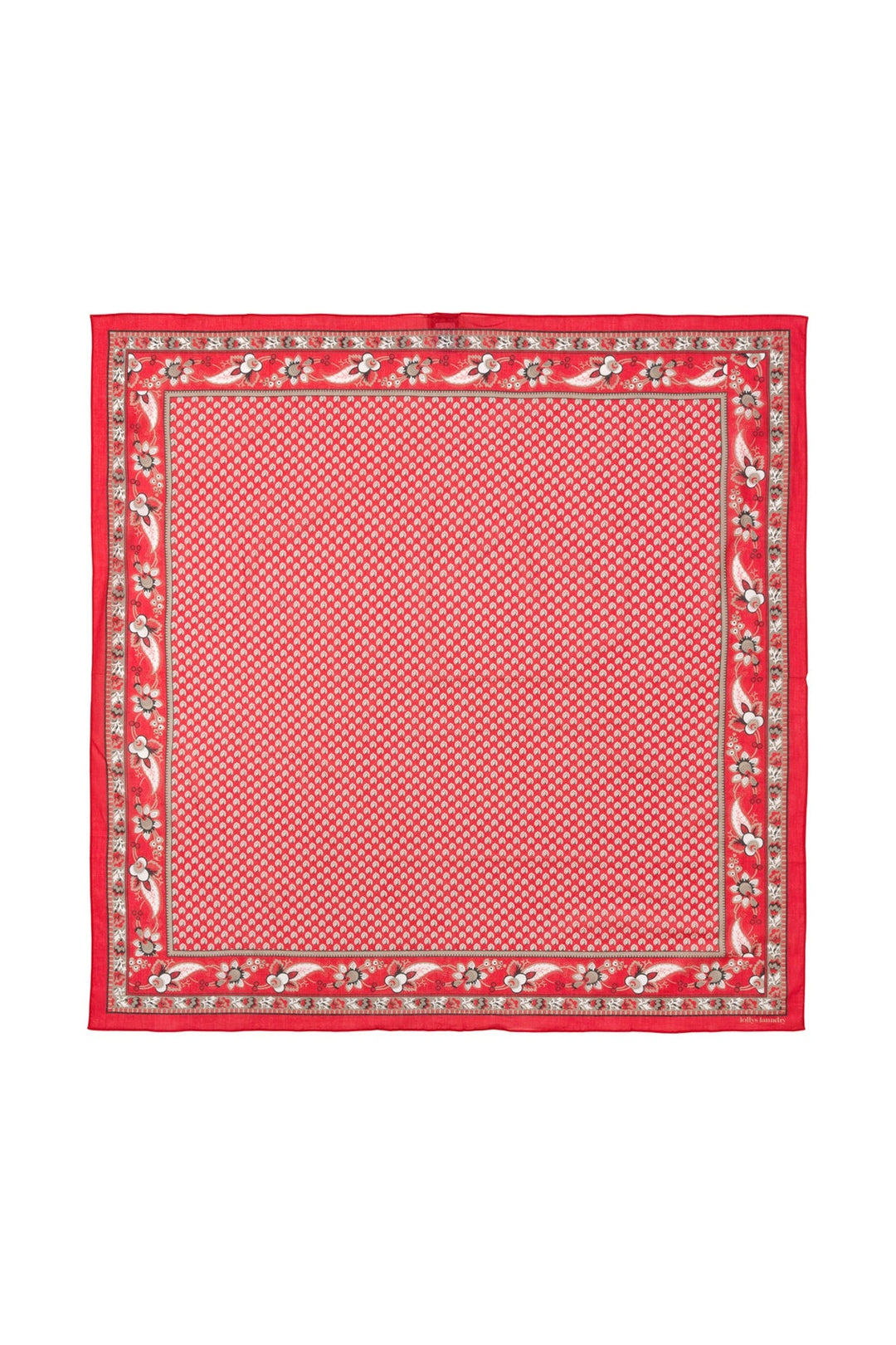 Lollys Laundry JennaLL Big Scarf in red, made of 100% cotton, featuring a floral and geometric pattern, shown flat.