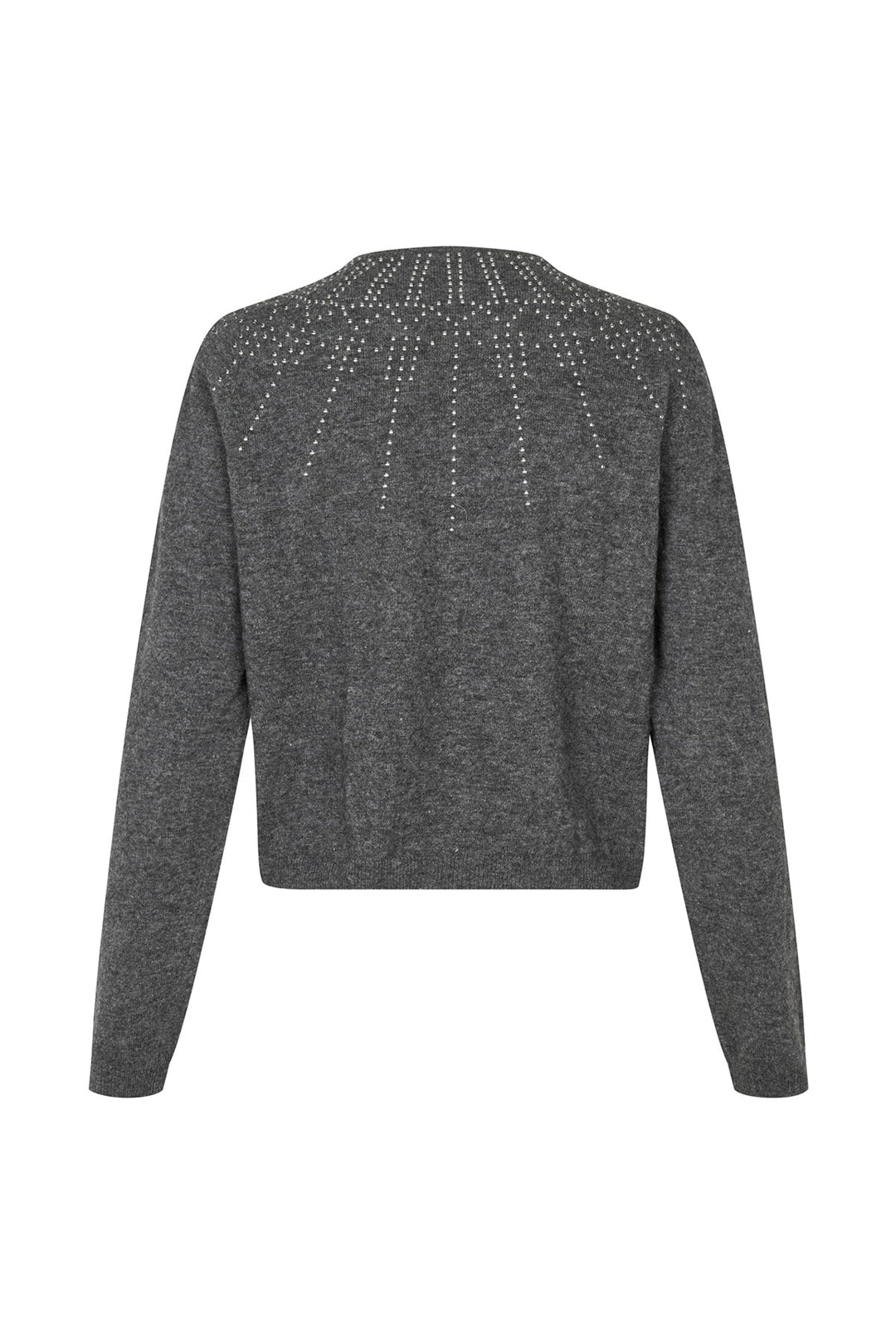 Lollys Laundry JudeLL Knit Cardigan LS in grey melange, featuring long sleeves and a decorative pattern on the back, shown fl