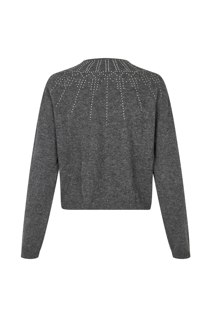 Lollys Laundry JudeLL Knit Cardigan LS in grey melange, featuring long sleeves and a decorative pattern on the back, shown fl