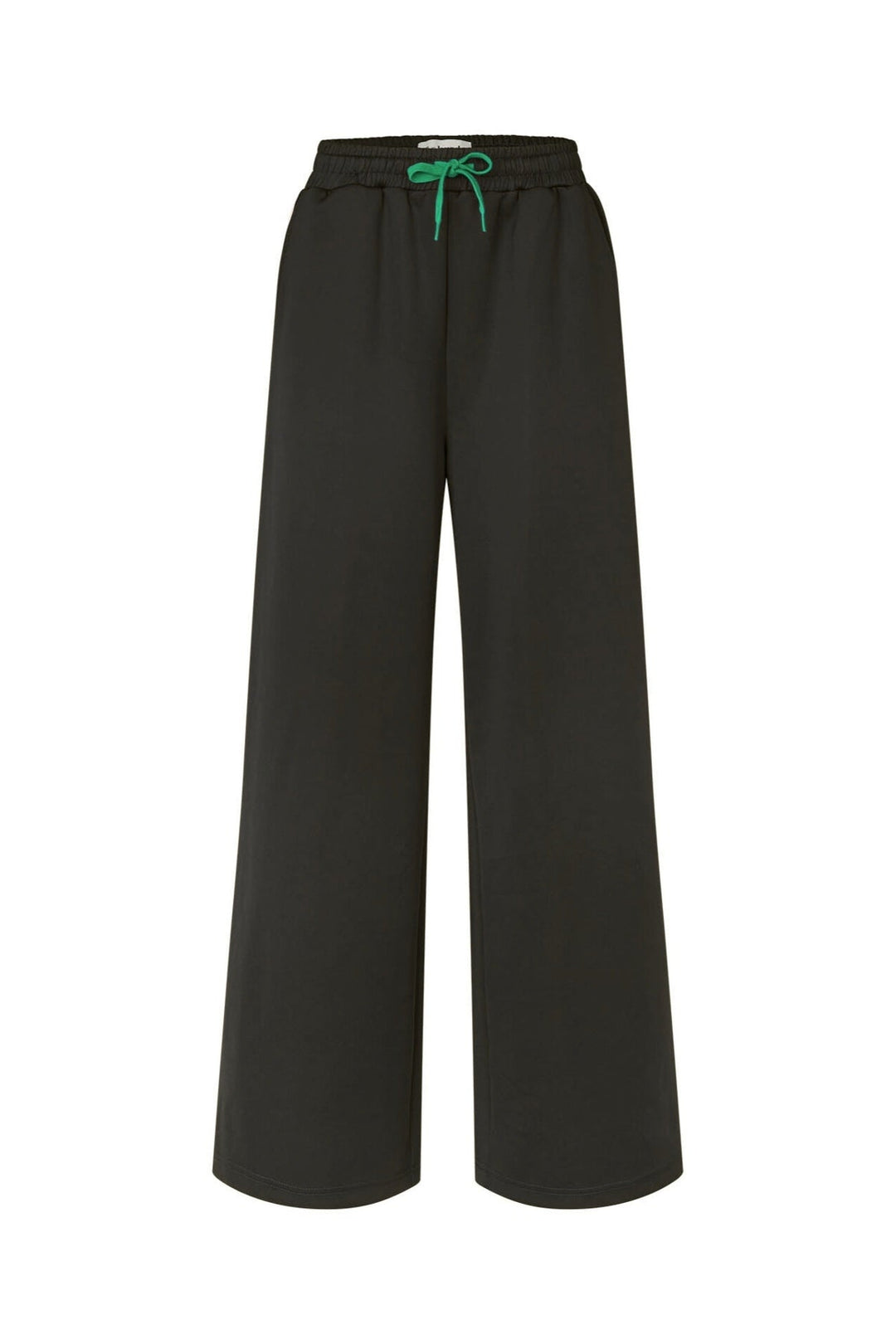 Lollys Laundry LiamLL Pants in black, featuring a wide-leg design and green drawstring, made of polyester and elastane, shown