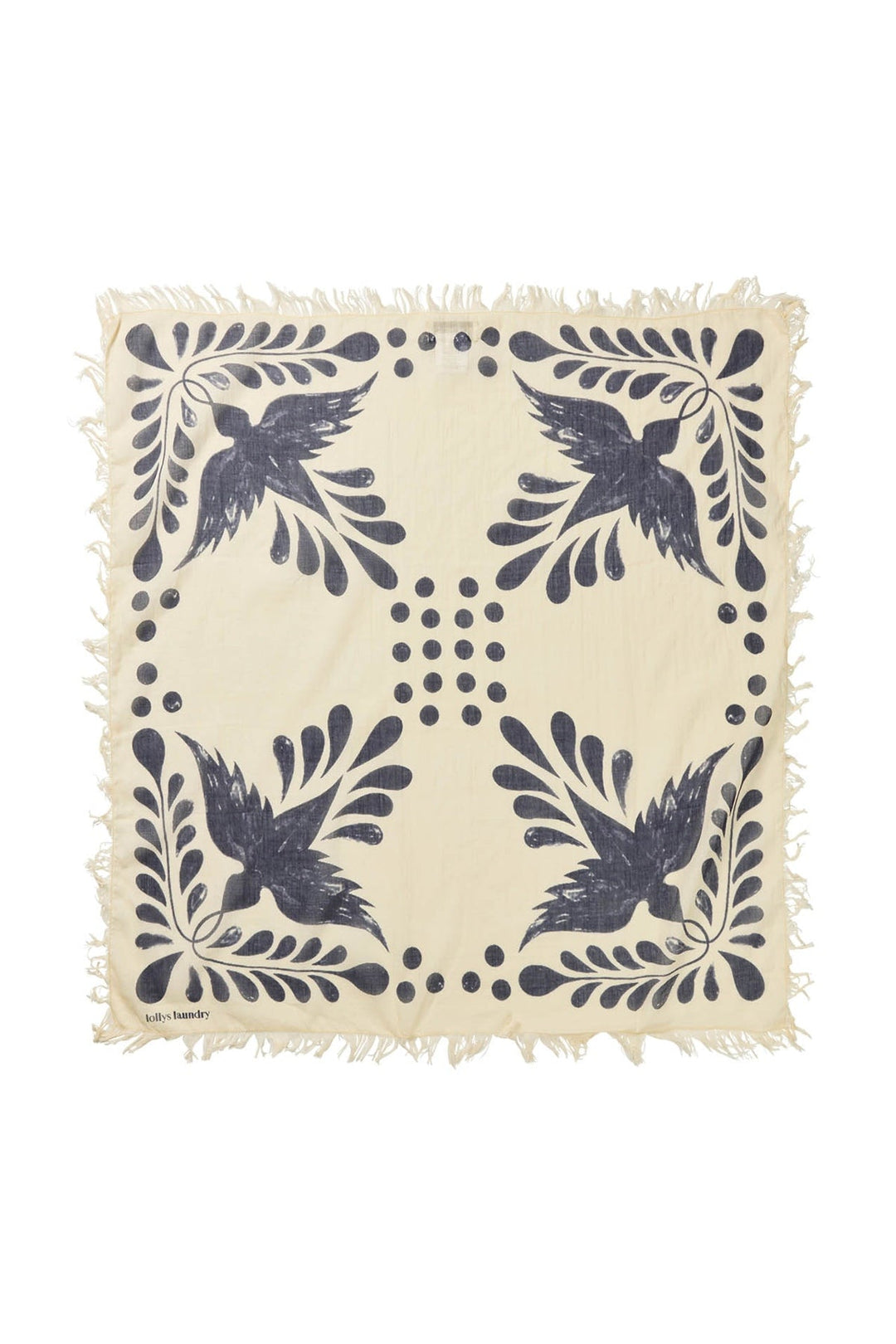 Lollys Laundry NoorLL Scarf in dark blue with a bird and leaf pattern, made of 100% cotton, shown flat with fringed edges.