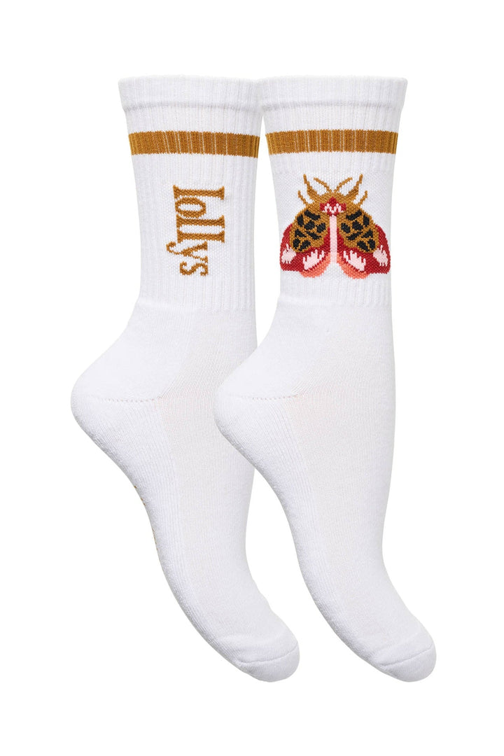 Lollys Laundry RowanLL Socks in 54 Rust color, featuring a white base with a striped design and a decorative moth motif, show