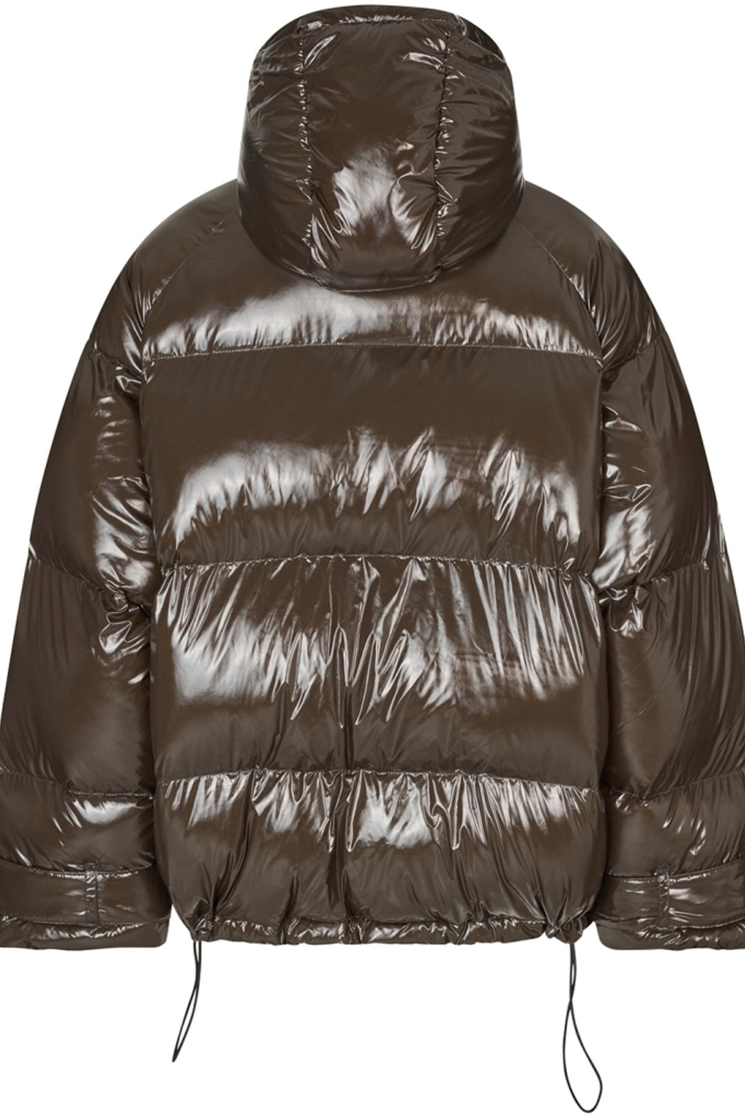 Lollys Laundry ShelbyLL Jacket in Dark Mokka, a shiny brown puffer jacket with a hood, shown from the back.