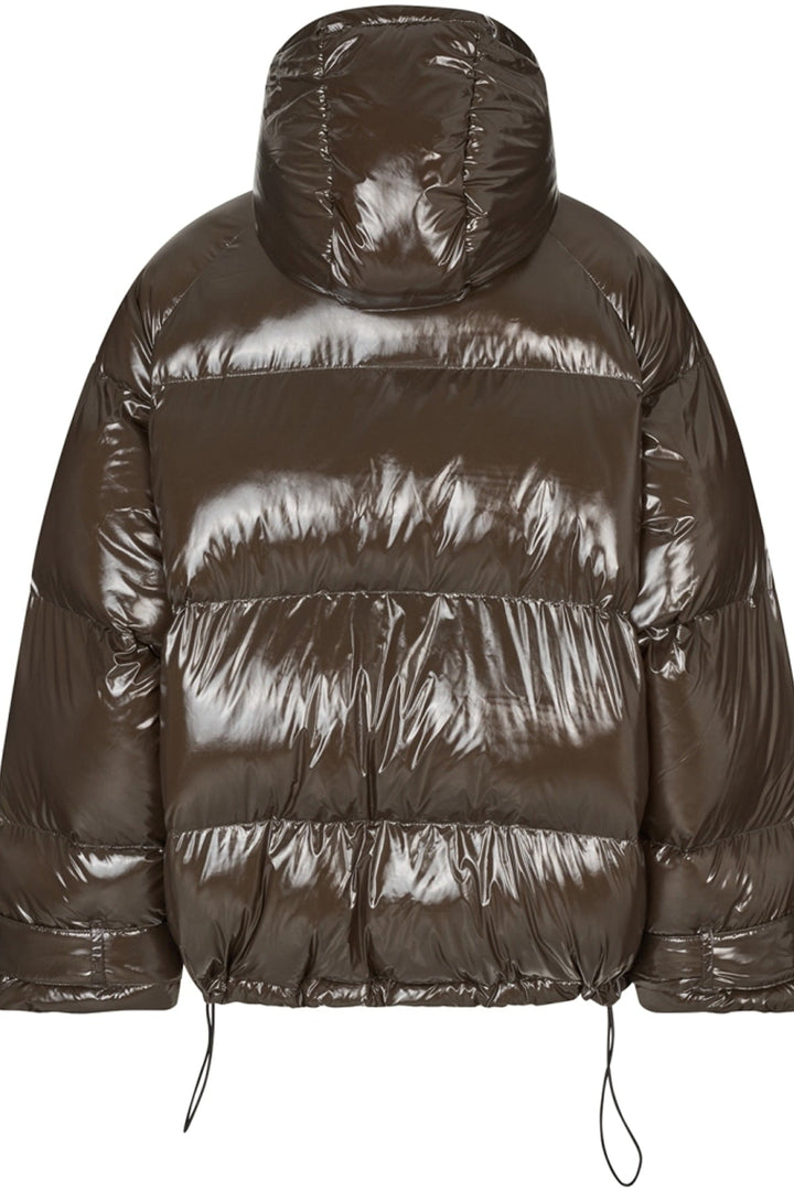 Lollys Laundry ShelbyLL Jacket in Dark Mokka, a shiny brown puffer jacket with a hood, shown from the back.