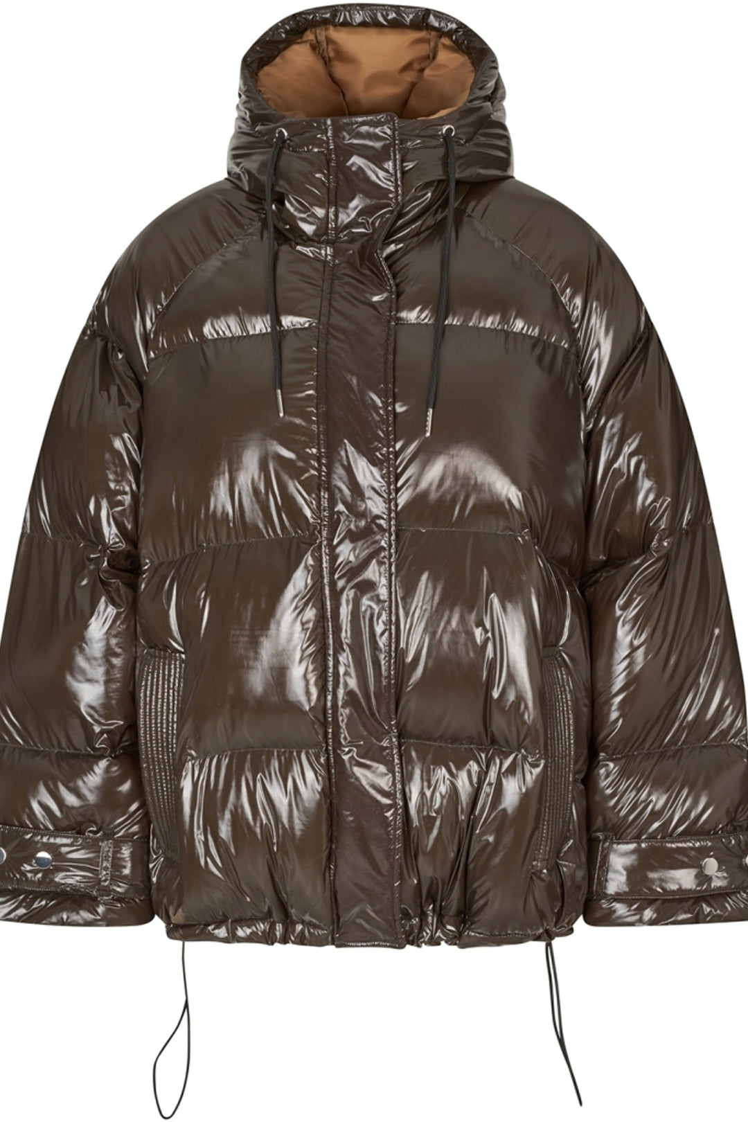 Lollys Laundry ShelbyLL Jacket in Dark Mokka, a glossy puffer jacket with a hood, shown flat to display its design and detail