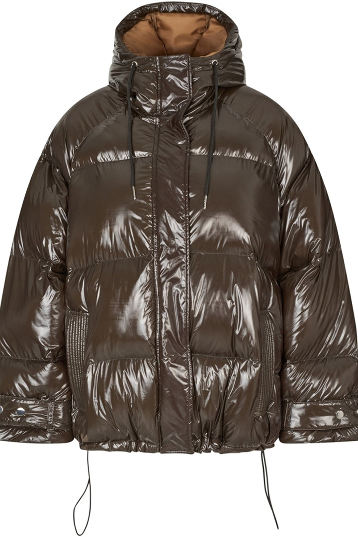 Lollys Laundry ShelbyLL Jacket in Dark Mokka, a glossy puffer jacket with a hood, shown flat to display its design and detail