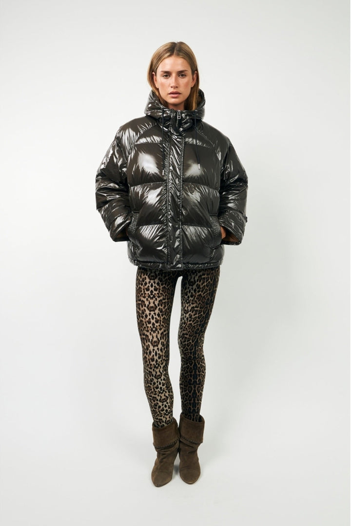 Lollys Laundry ShelbyLL Jacket in Dark Mokka, a shiny puffer jacket with a hood, worn by a model, part of the outerwear colle