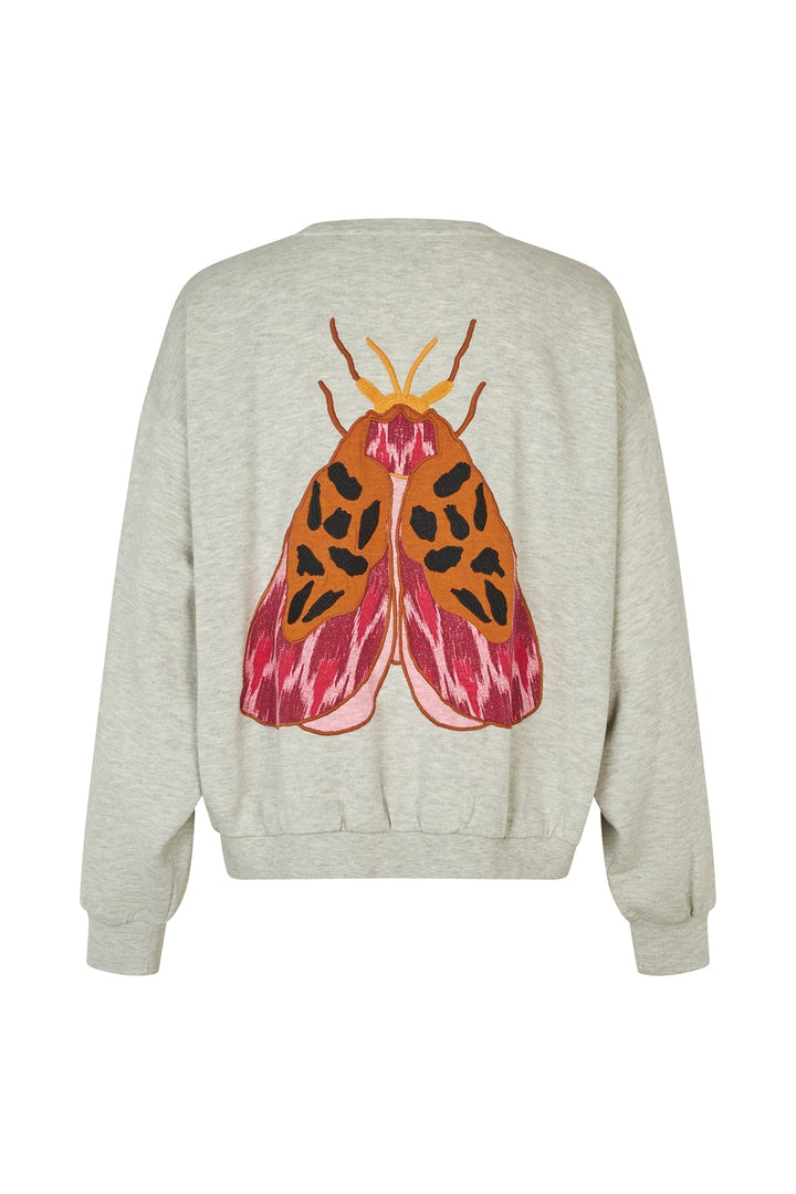 Lollys Laundry SydneyLL Butterfly Sweatshirt LS in light grey melange, featuring a colorful embroidered butterfly design on t