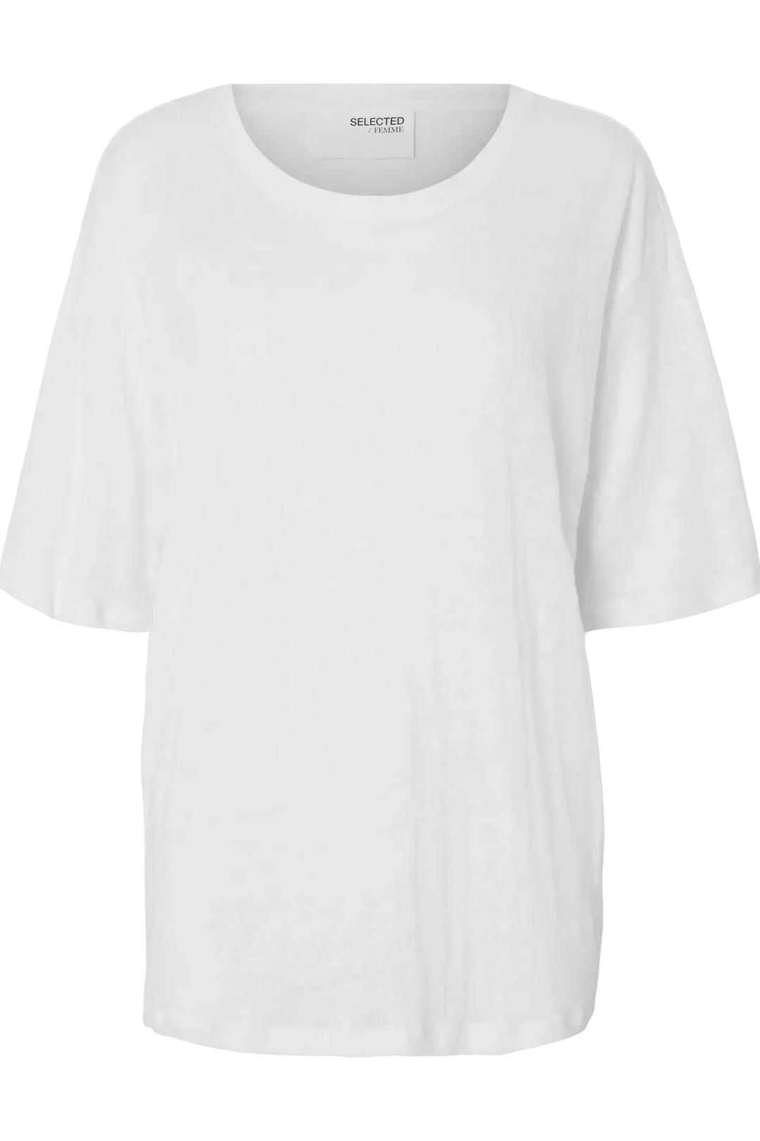 Hvid T-shirt i linned med rund hals og korte ærmer. Enkel og klassisk stil.