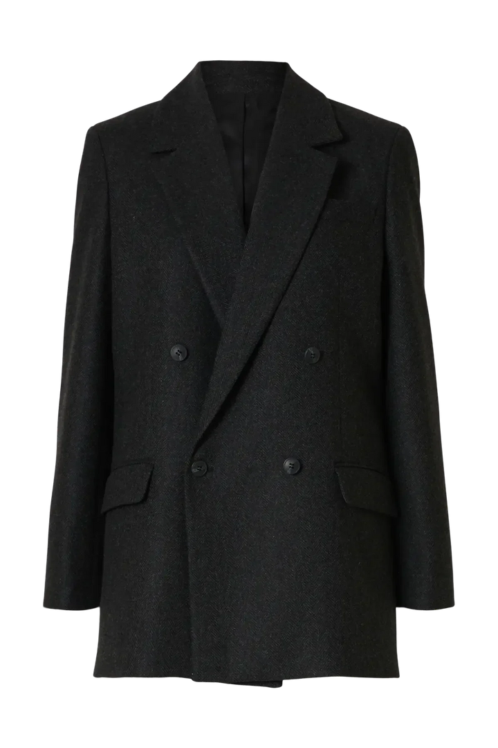 Sort uldblazer med dobbeltknap, to lommer og subtilt mønster fra Selected Femme, Elin-model.