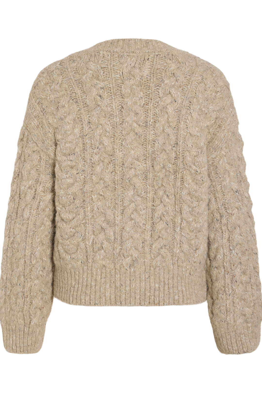 Vila Rouellis long sleeve knit cardigan in pelican color, featuring a cable knit pattern, shown flat from the back.